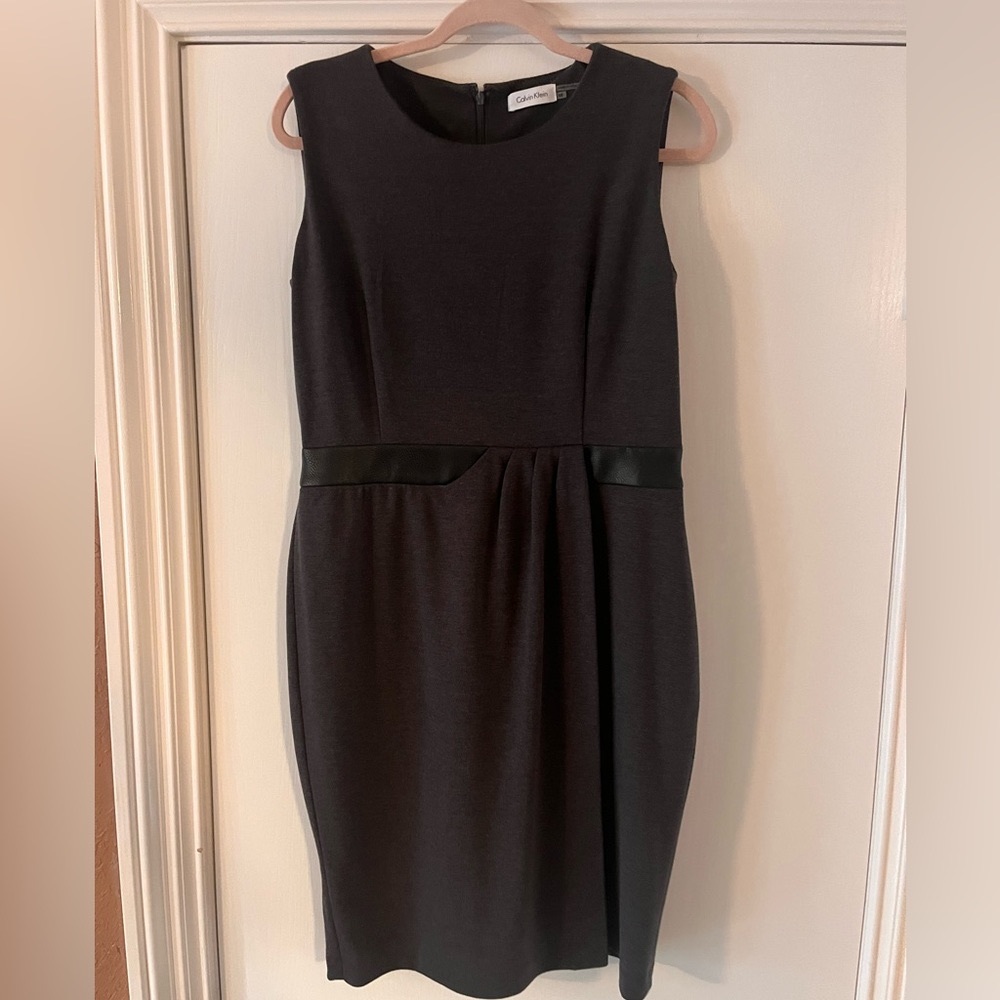 Calvin Klein charcoal sheath dress Size 10 with faux leather inset waistband.